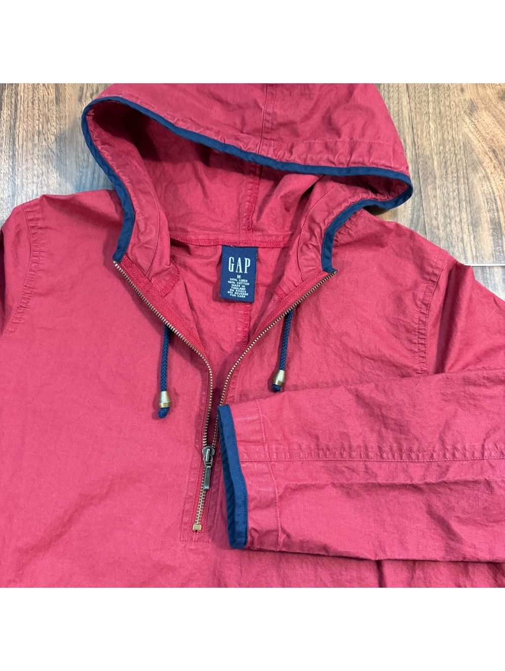 Vintage Y2K GAP Linen Blend Half Zip Anorak Hoodie Jacket Medium Red Navy Trim